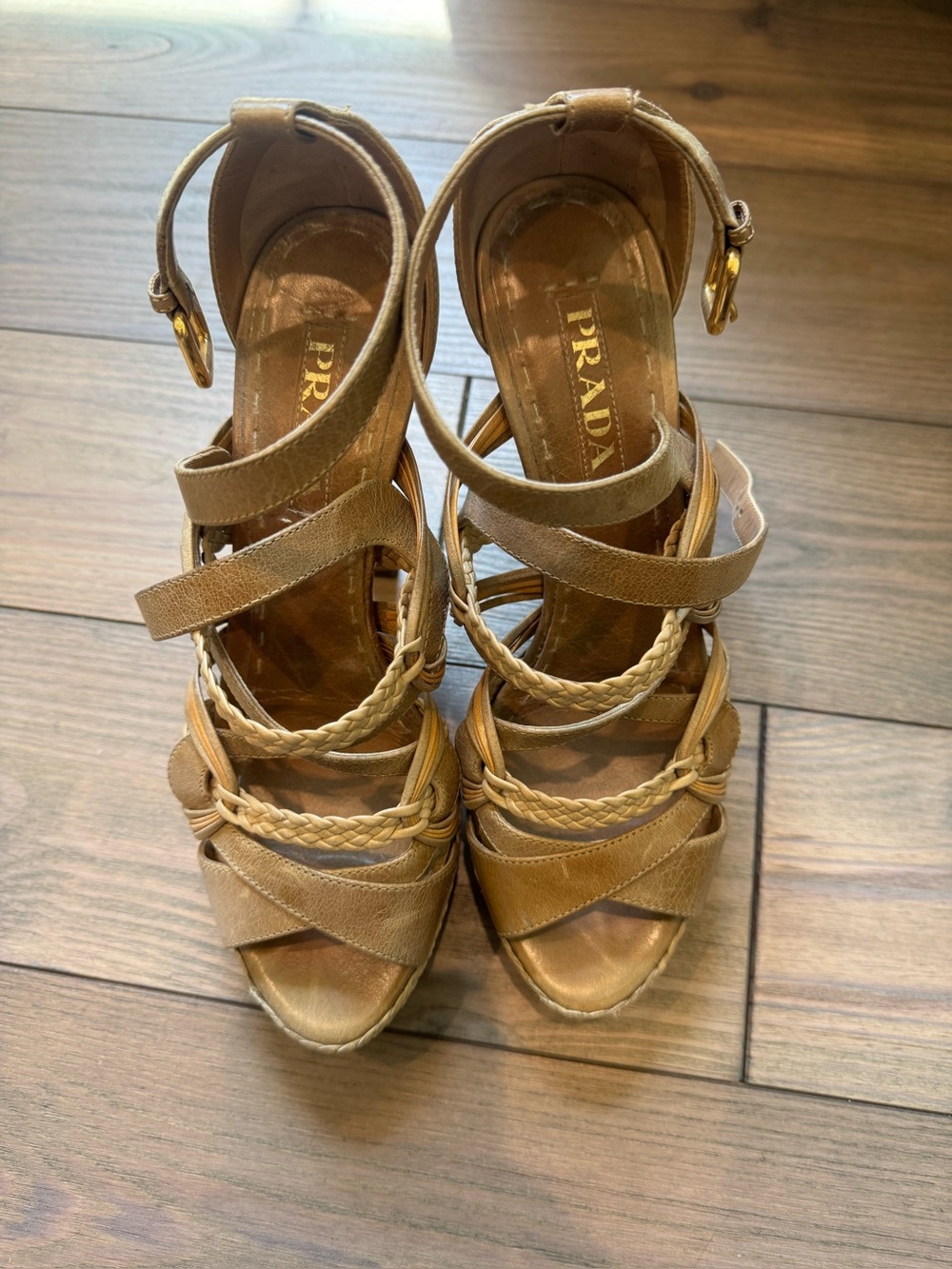 Prada Braided Strappy Tan Platform Heels